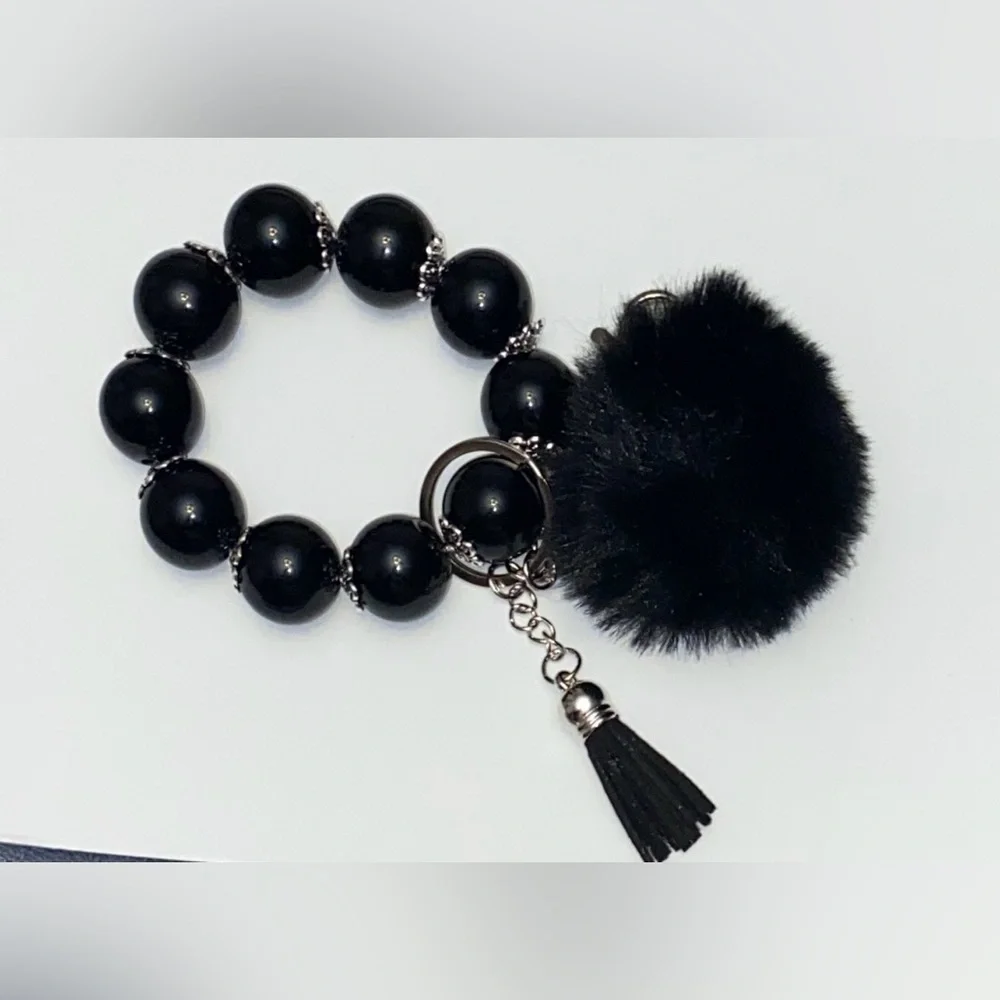 Beaded in Black Bracelet Keychain with Tassel